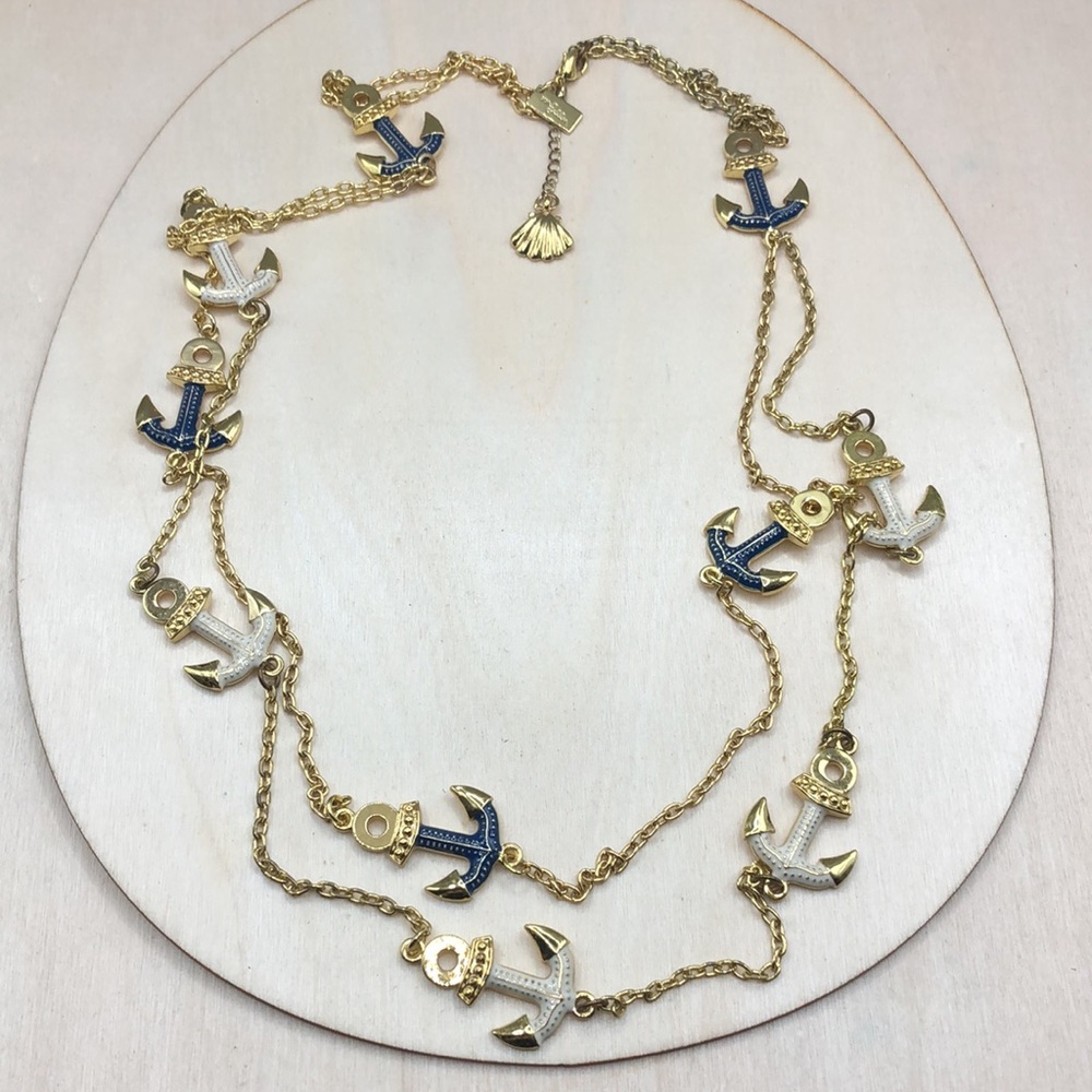 Lilly Pulitzer Gold Anchor Long Necklace with Blue and White Enamel